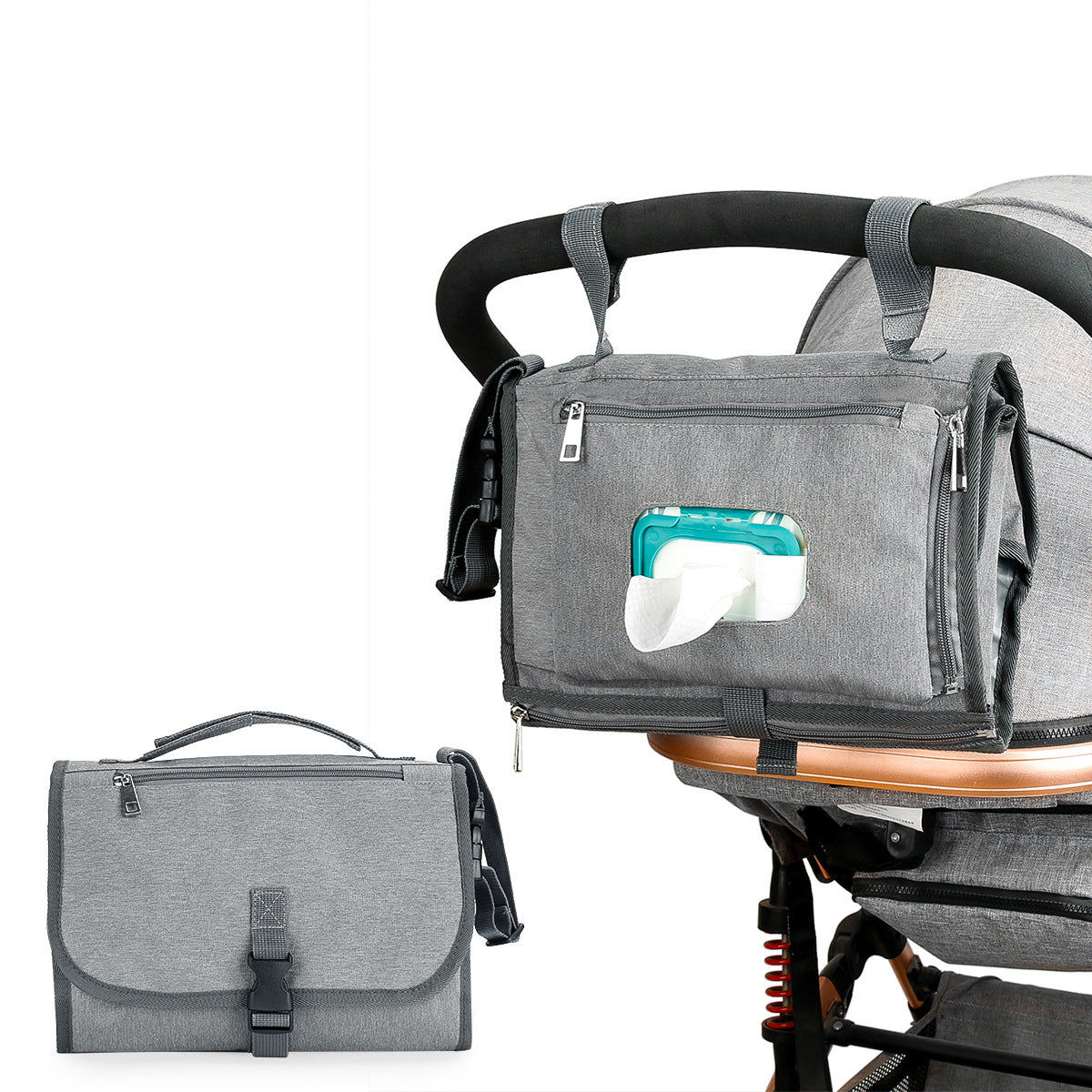 Station à langer nomade accrochée à la poignée de la poussette, avec distributeur de lingettes