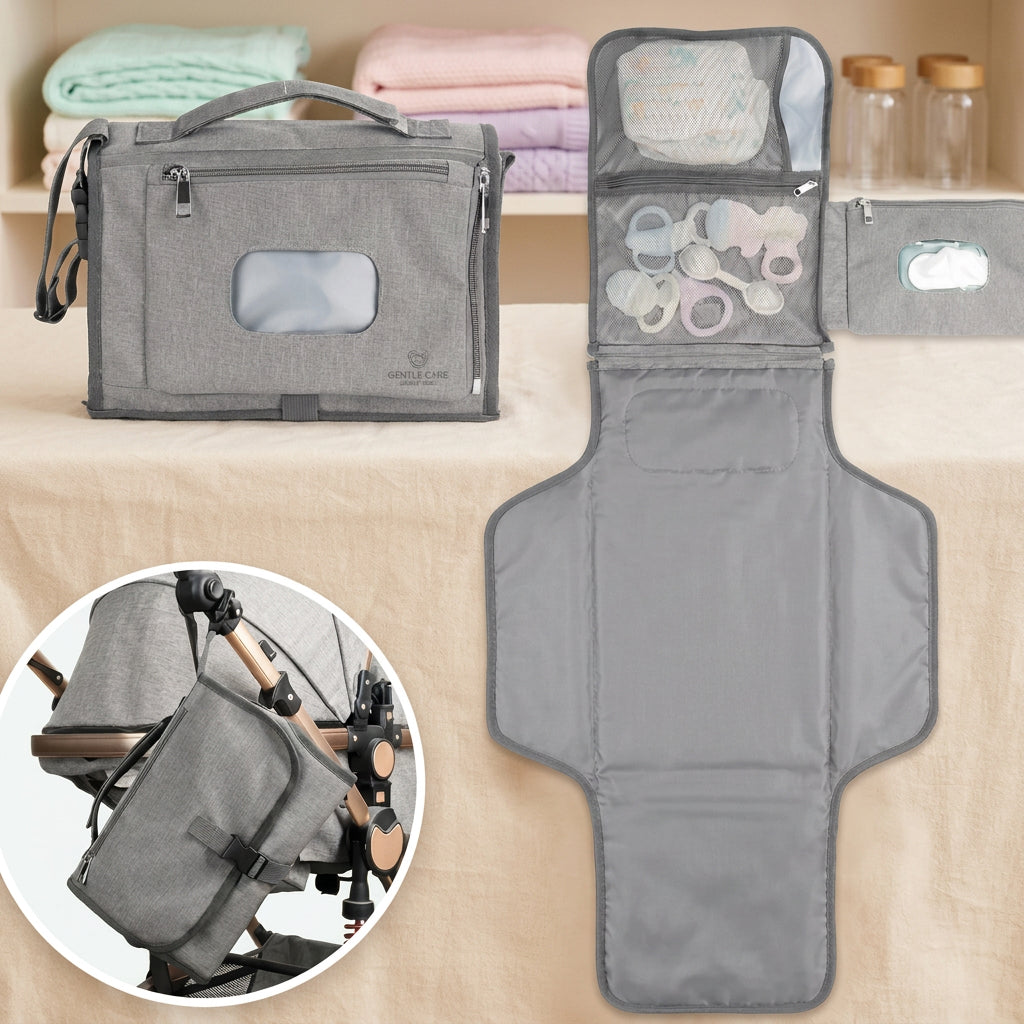 Station à langer nomade grise : sac pliable, tapis déplié avec poches et fixation poussette